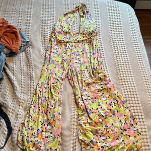 AFRM Neon Floral Halter Wide-Leg Jumpsuit